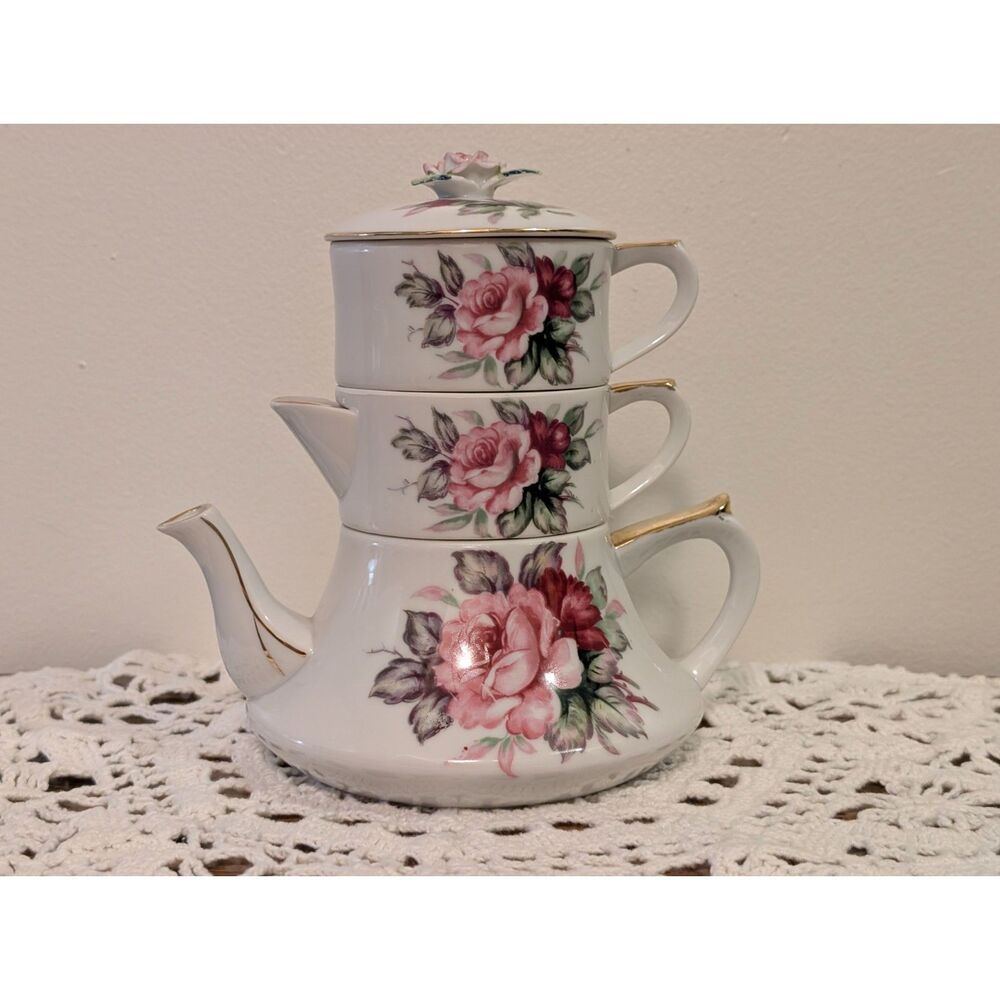 Vintage Lefton Hand-Painted Stacking Tea Set – with Original Foil Label